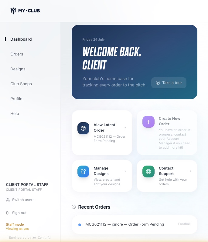 Client Portal — the My Club dashboard behind the login